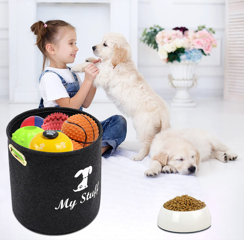 Morezi Round felt pet toy storage, dog toy bin, basket chest organizer with metal handles - perfect for organizing pet toys, blankets, leashes and food - Dark Grey - PawsPlanet Australia