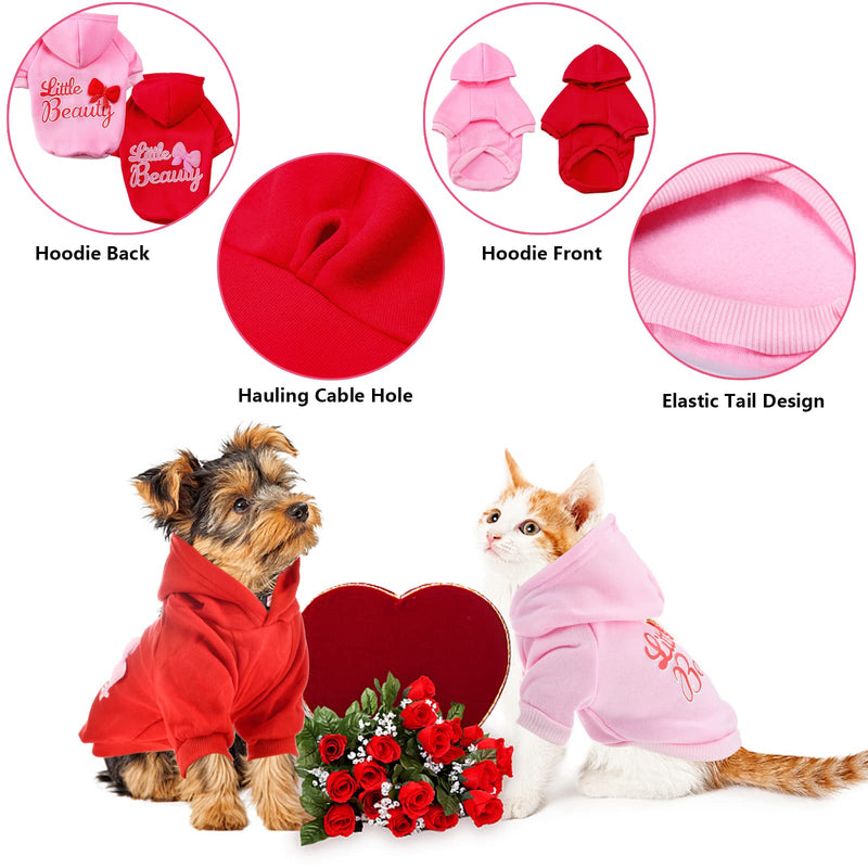 CooShou 2Pcs Dog Hoodie Sweater Pet Clothes Outfits Pink Red Dog Hoodie with Harness Hole Little Beautiful Pet Valentine's Day Birthday Dressing Up Sweater for Small Medium Breeds XS X-Small - PawsPlanet Australia