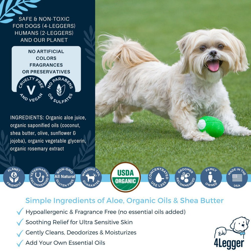 [Australia] - 4-Legger Aloe Dog Shampoo All Natural and USDA Certified Organic Dog Shampoo - Hypoallergenic and Unscented for Sensitive Skin - USA - 8 oz 