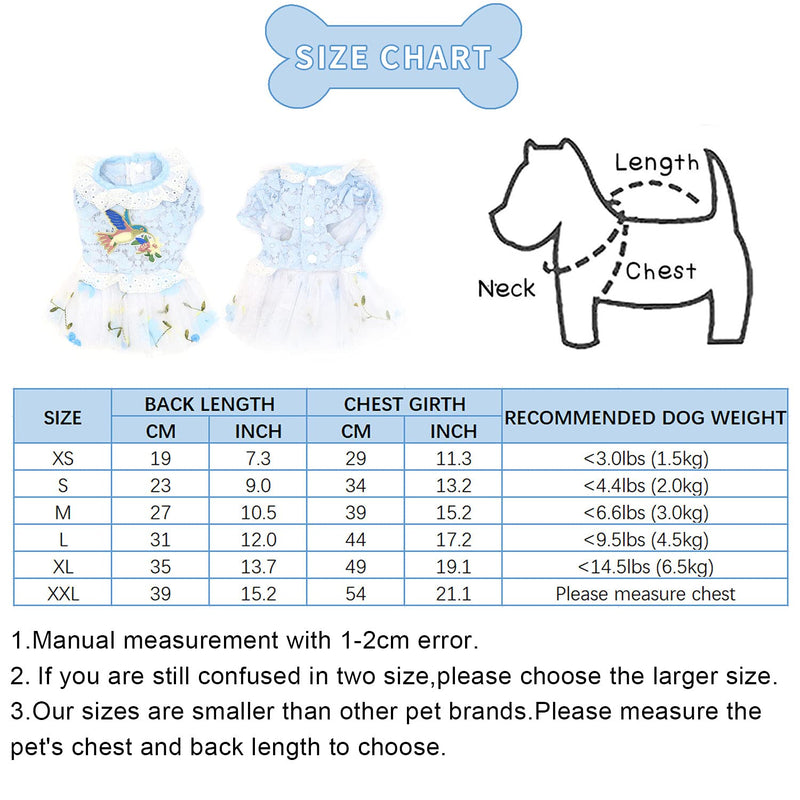 SunteeLong Pet Dog Dress Clothes Puppy Skirt Dog Embroidery Princess Dresses Dog Tutu Lace Dress Skirt Dog Costumes Cute Doggie Cat Apparel for Small Dogs Cats Blue XS XS(Chest:11.3", Back: 7.3") - PawsPlanet Australia