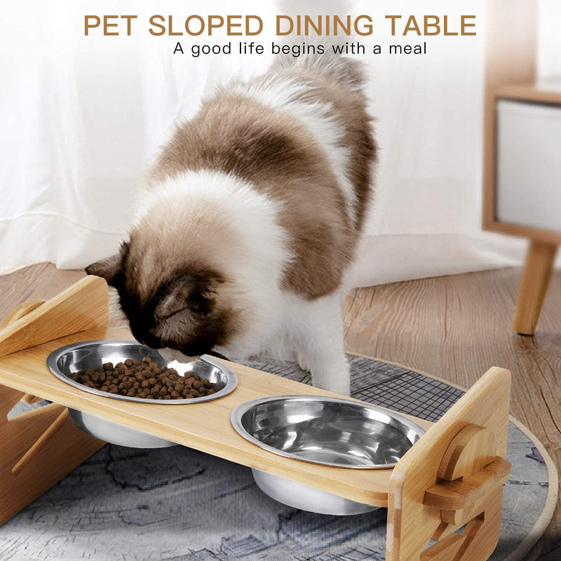 Bosixty Raised Pet Bowls for Small Dogs and Cats, Adjustable Height Bamboo Elevated Puppy and Cat Stand Feeder with 2 Stainless Steel Bowls and Highly Absorbent Non-slip Food Mat - PawsPlanet Australia