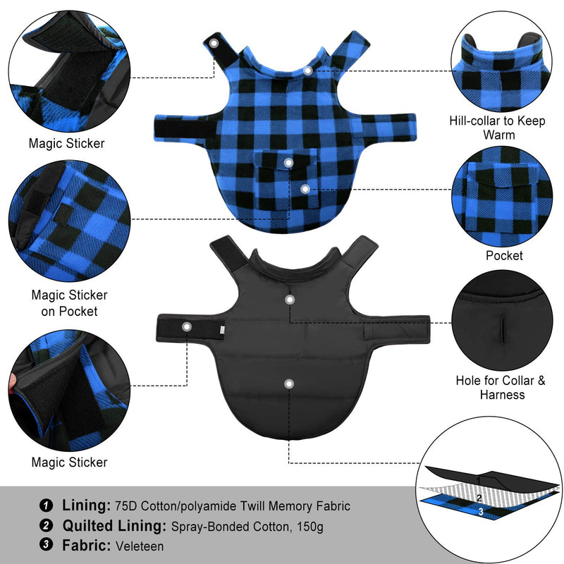 Dog Winter Coat, ASENKU Dog Jacket Plaid Reversible Dog Vest Waterproof Cold Weather Dog Clothes Pet Apparel for Small Medium Large Dogs X-Small (Pack of 1) Blue - PawsPlanet Australia