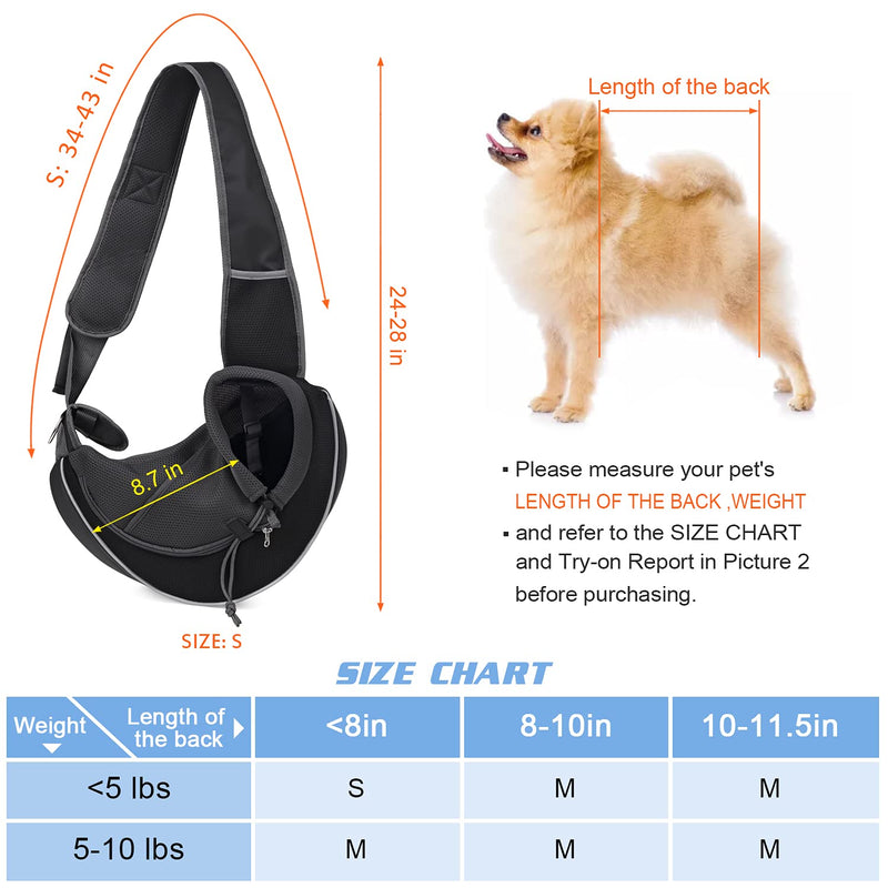 YUDODO Pet Dog Sling Carrier Mesh Hand Free Adjustable Dog Satchel Carrier Bag Papoose Crossbody for Small Medium Dog Cat Rabbit S(Size refer to picture 2) Black reflective - PawsPlanet Australia