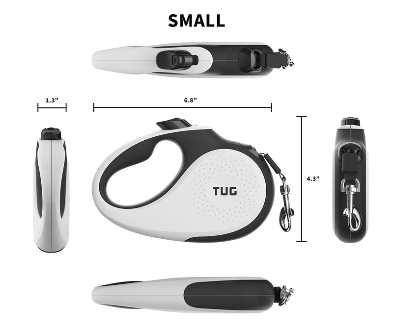 [Australia] - TUG Patented 360° Tangle-Free, Heavy Duty Retractable Dog Leash with Anti-Slip Handle; 16 ft Strong Nylon Tape/Ribbon; One-Handed Brake, Pause, Lock Small White 