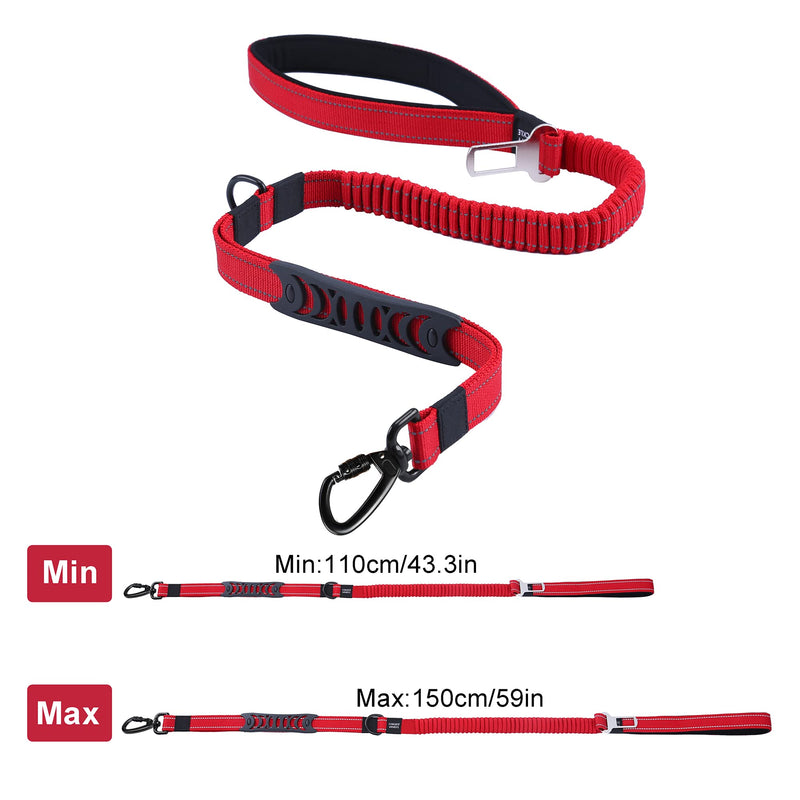 3-in-1 Strong Bungee Dog Lead, 3.6-4.9 FT No Pull Shock Absorbing Pet Long Leash with Car Seat Belt Safety Buckle, Elastic Dog Lead with Comfortable Padded Handle and Reflective Sewing (Red) Red - PawsPlanet Australia