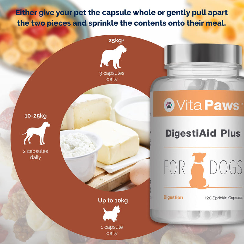 Probiotics for Dogs | DigestiAid Offers Friendly Bacillus Coagulans Bacteria with Digestive Enzymes and Prebiotics | 120 Sprinkle Capsules for Fussy Pets | UK Manufactured - PawsPlanet Australia