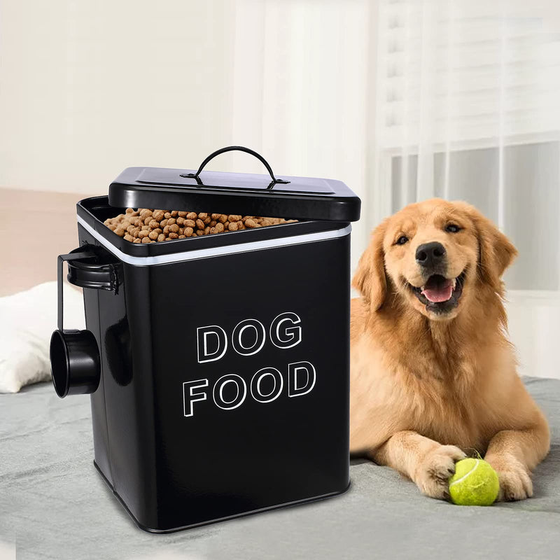 Morezi Dog Treat and Food Storage Tin with Lid and Serving Scoop Included - Cream Powder - Coated Carbon Steel - Tight Fitting Lids - Storage Canister Tins - Dog Food - Black Black Dog Food - PawsPlanet Australia