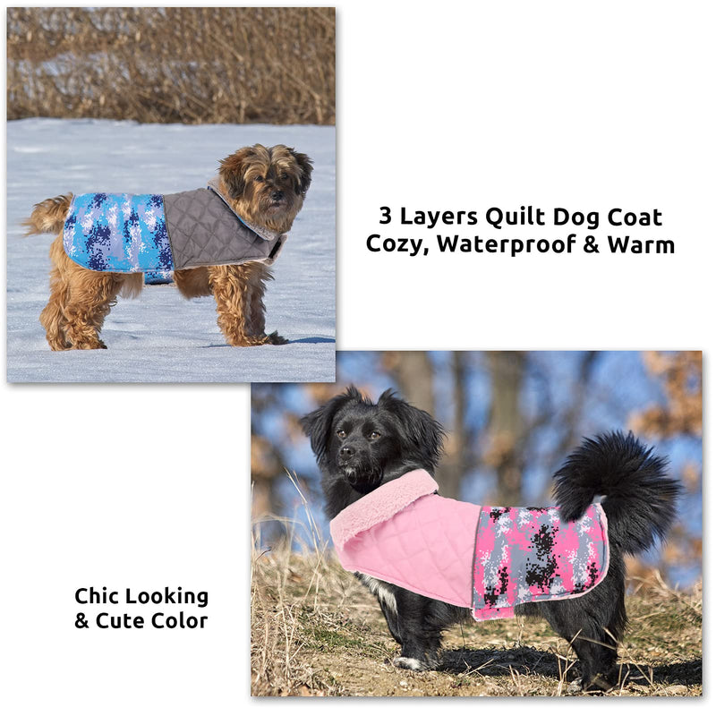 Queenmore Cold Weather Dog Coat, Waterproof Reflective Warm Quilted Fleece Lined Winter Clothes with Leash Hole, Camouflage/Solid Pattern Stitching, Adjustable for All Breeds X-Small Blue - PawsPlanet Australia