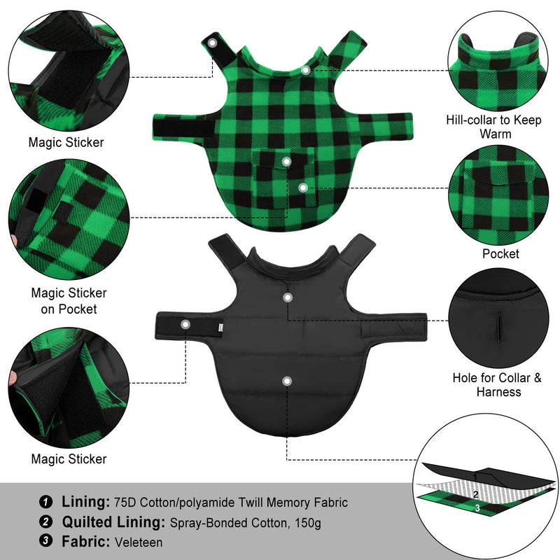 Dog Winter Coat, ASENKU Dog Jacket Plaid Reversible Dog Vest Waterproof Cold Weather Dog Clothes Pet Apparel for Small Medium Large Dogs (XS, Green) X-Small - PawsPlanet Australia