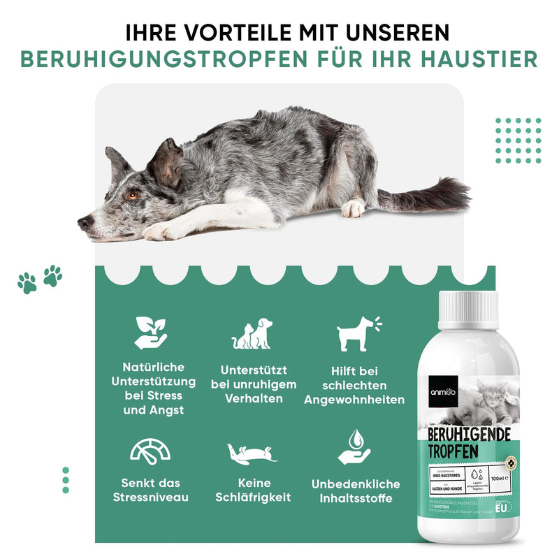 Animigo tranquilizer for dogs & cats - 100ml relaxation & anti-stress agent for pets - with L tryptophan, vitamin D3 & taurine - for calmness in times of stress, fireworks, restlessness & travel drops - PawsPlanet Australia