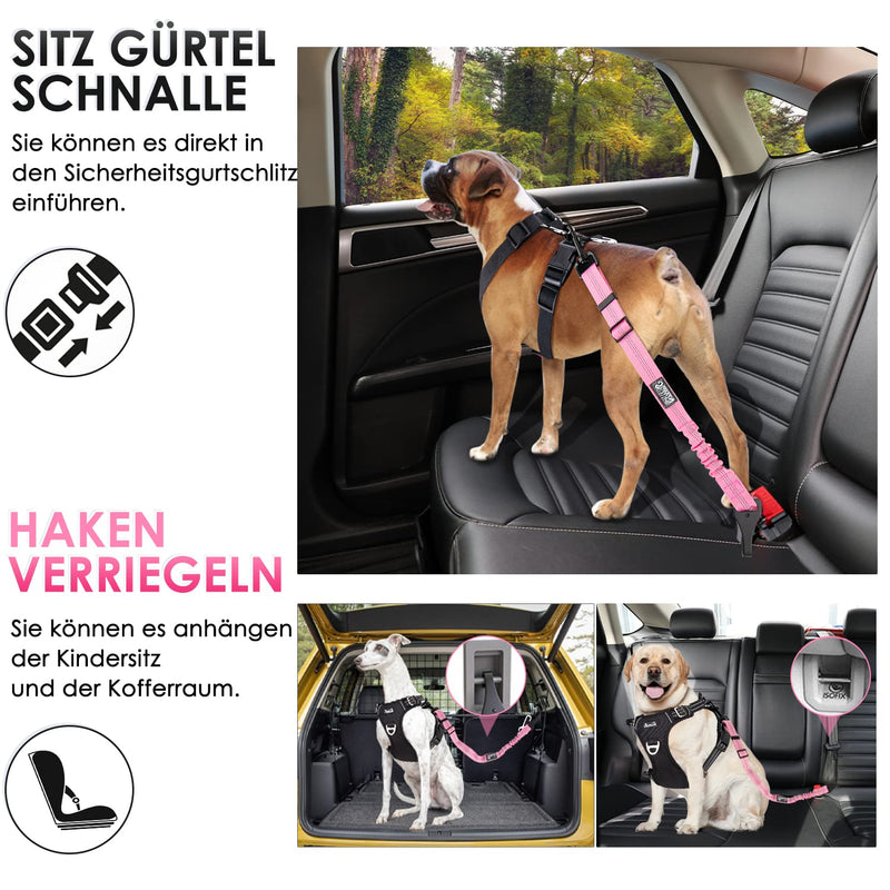Eyein dog seat belt, 3 in 1 seat belt dog car with reflective elastic nylon bungee, dog seat belt for all dog breeds and car seats trunk, 90 cm (pink) 90 cm (62-90 cm) pink - PawsPlanet Australia