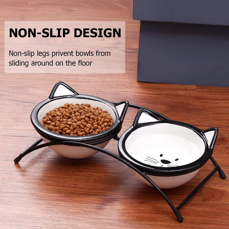 Y YHY Raised Cat Bowls Ceramic, Double Food Water Bowls for Cats, 355ML Elevated Cat Dishes with Non-Slip Metal Stand, Gift for Cat/Pet 12 oz-black nose - PawsPlanet Australia