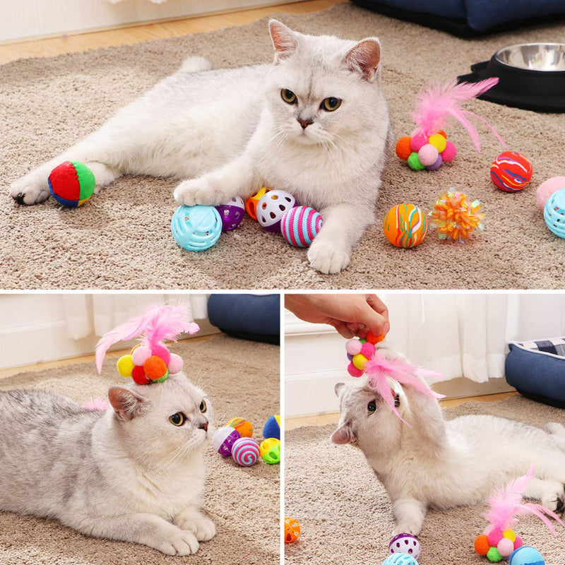 [Australia] - POPETPOP 18PCS Cat Toy Balls - Cat Kitten Color Play Ball Set with Knitted Balls, Feather Balls, Crinkle Balls, Pompon Balls, Jingle Bell Balls 