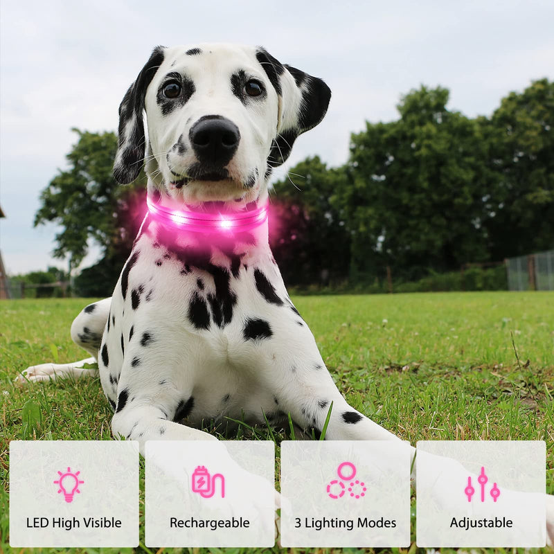 Dog Collar Luminous Collar Waterproof Light Up LED Dog Collar USB Rechargeable Flashing Reflective Dog Collars Adjustable Super Bright for Large Medium Small Dogs Pink S S (28-40 cm, 2 cm) - PawsPlanet Australia