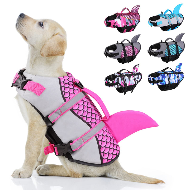 ASENKU Dog Life Jackets, Ripstop Pet Floatation Life Vest for Small, Medium, Large Size Dogs, Dog Lifesaver Preserver Swimsuit for Water Safety at The Pool, Beach, Swimming, Boating (XL,Pink Shark) X-Large Camo Pink - PawsPlanet Australia