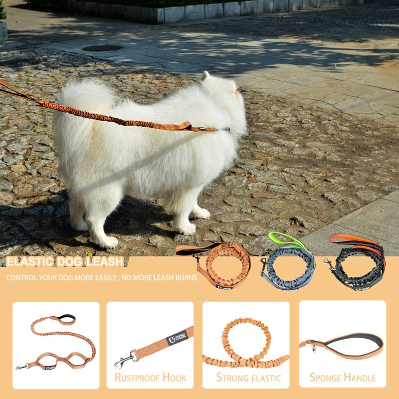 [Australia] - TSPRO Tactical Dog Leash Bungee Nylon Leash for Dogs Military Trainning Dog Leash Elastic Leads Rope with Rotating Clasp and 3 Control Handles Brown 