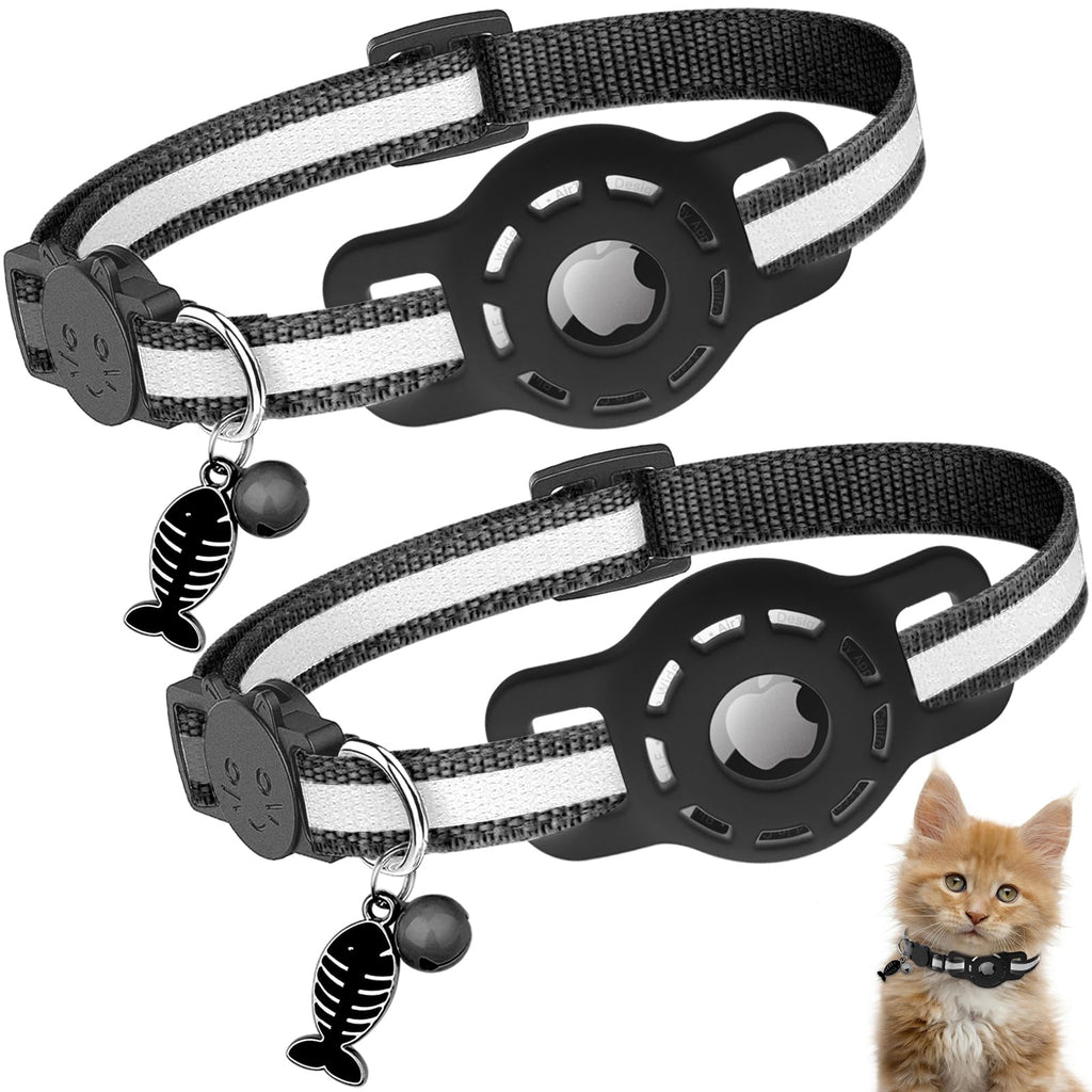 Diyife Airtag Cat Collar, [Pack of 2] Reflective GPS Lightweight Tracker Cat Collars with Airtag Case, Quick Release, Bell, 20-33 cm Adjustable for Cats Kittens, Black 2 Black - PawsPlanet Australia