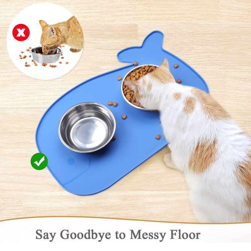 Vivaglory Pet Food Mat with Raised Edge, Large (23.6" x 15.7") or Small (18.9" x 11.8") Waterproof Food Grade Silicone Cute Feeding mat for Kitty Puppy Cat Dog S(18.9"x11.8") Blue (Whale-shape) - PawsPlanet Australia