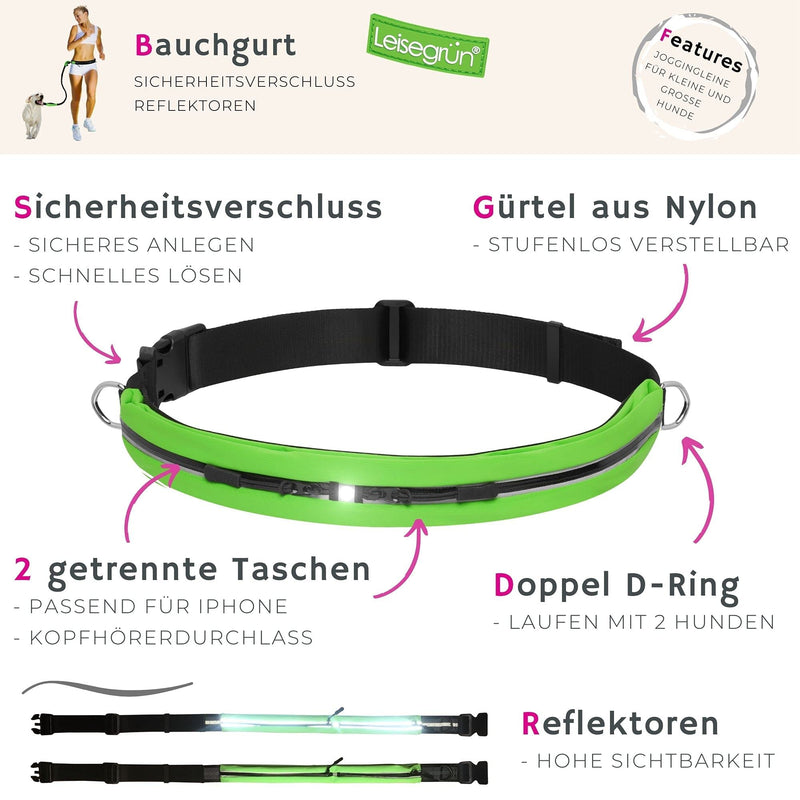 Quiet green jogging leash for large dogs | Freehand leash for jogging with waist belt and shock absorber | Length 125 cm to 175 cm | Color: Black Jogging Leash Set - Large Dogs - PawsPlanet Australia