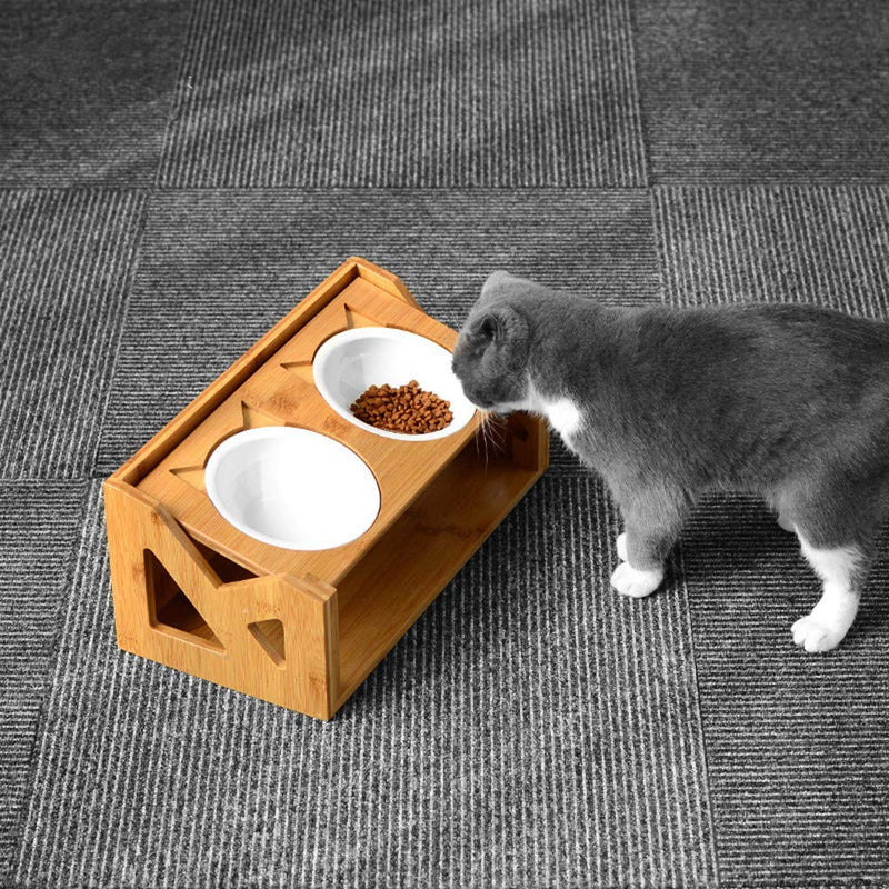 Petsoigné Cat Bowls Pet Dining Table with Raised Slope Wooden Stand Elevated Pet Bowls with Oblique Stand for More Comfortable Eating for Cats, Dogs, Kitten and Puppy (2 Bowls, Liftable) 2 Bowls - PawsPlanet Australia