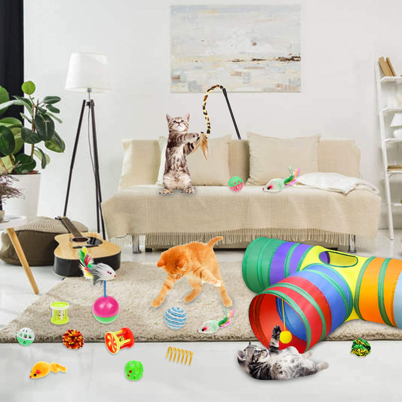 Malier 20 PCS Cat Kitten Toys Set, Collapsible Cat Tunnels for Indoor Cats, Interactive Cat Feather Toy Fluffy Mouse Crinkle Balls Cat 3 Way Tube Tunnel Toys for Cat Puppy Kitty Kitten A-Rainbow - PawsPlanet Australia