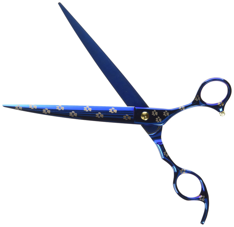 [Australia] - ShearsDirect Japanese Stainless Curved Blue Titanium with Paw Prints, Professional Cutting Shear with Blue Tension Knob, Fixed Finger Rest, 8.0-Inch Curved 
