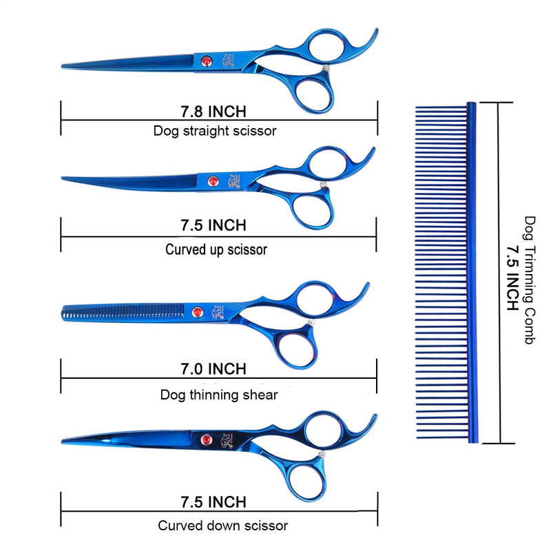 Dog grooming scissors set kit table cutting face paws groomer Thinning Straight Curved shear buttercut blades large finger holes professional supplies for small dogs cats horses 5pcs-Blue - PawsPlanet Australia