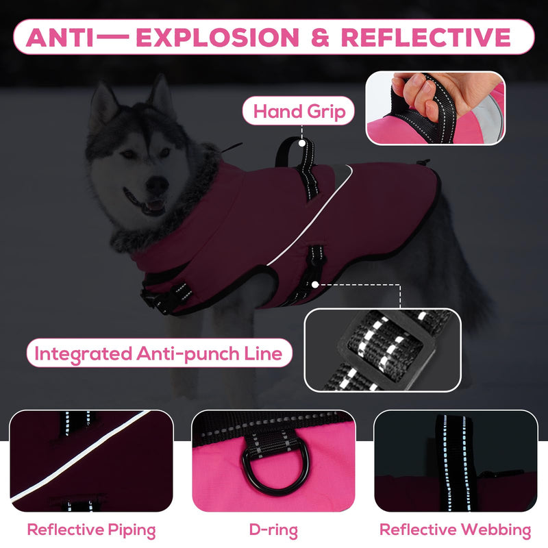 ROZKITCH Extra Warm Dog Coat Waterproof Reflective Adjustable Dog Jacket Dog Winter Coat with Fleece Turtleneck Dog Jacket for Cold Weather Soft Winter Coat for Small Medium Large Dog Rose Red L - PawsPlanet Australia