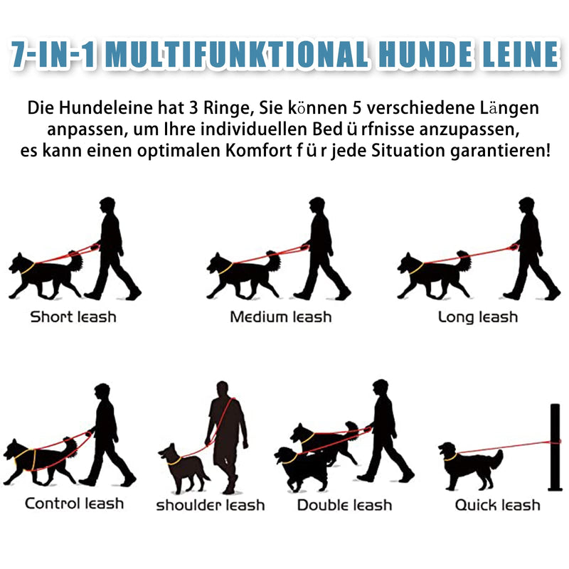 Robust dog leash 2 m - 3-way adjustable lead, 1.4 cm thick nylon braided leash dog with carabiner, multifunctional double leash jogging leash training leash for small medium large dogs 1.4 cm x 220 cm black - PawsPlanet Australia