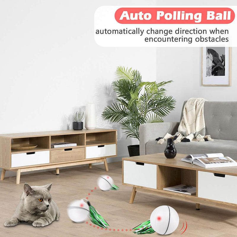 [Australia] - Smart Interactive Cat Toy Ball- 360 Degree Self Rotating, USB Rechargeable Pet Toy, Build-in Spinning Led Light (Feather, Flashing Strip) 