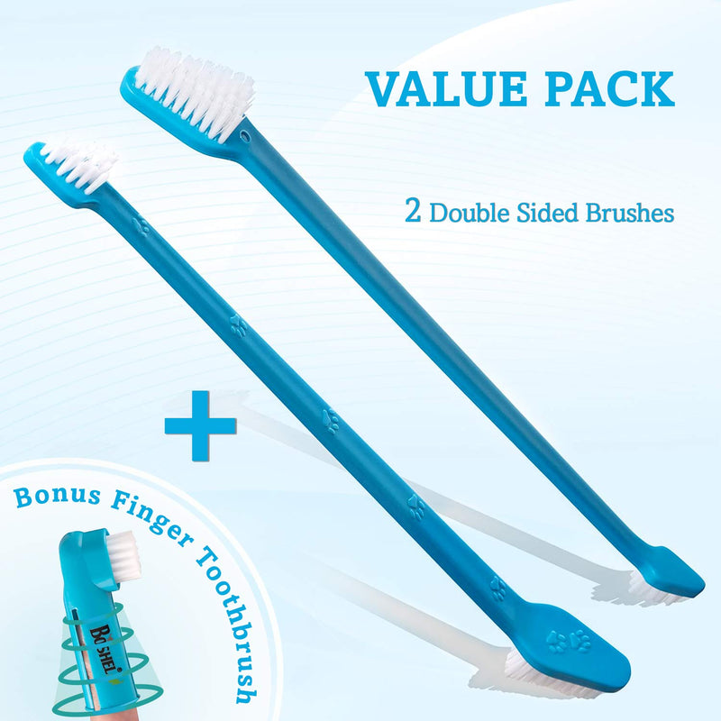 BOSHEL Dog Toothbrush Pack - 2 Long Handled Dual Headed Toothbrush + 1 Dog Finger Toothbrush Kit for Dog Dental Care - Use Double Sided Pet Toothbrush Set & Pet Finger Toothbrush with Dog Toothpaste 2 Pack - PawsPlanet Australia