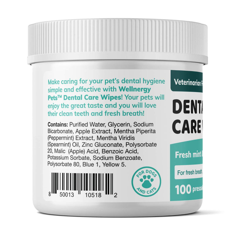 Wellnergy Pets Dental Wipes for Dogs and Cats - No Brush Formula; Improve Oral Hygiene and Health; Freshen Breath; Fresh Mint Flavor. 100 Wipes. - PawsPlanet Australia