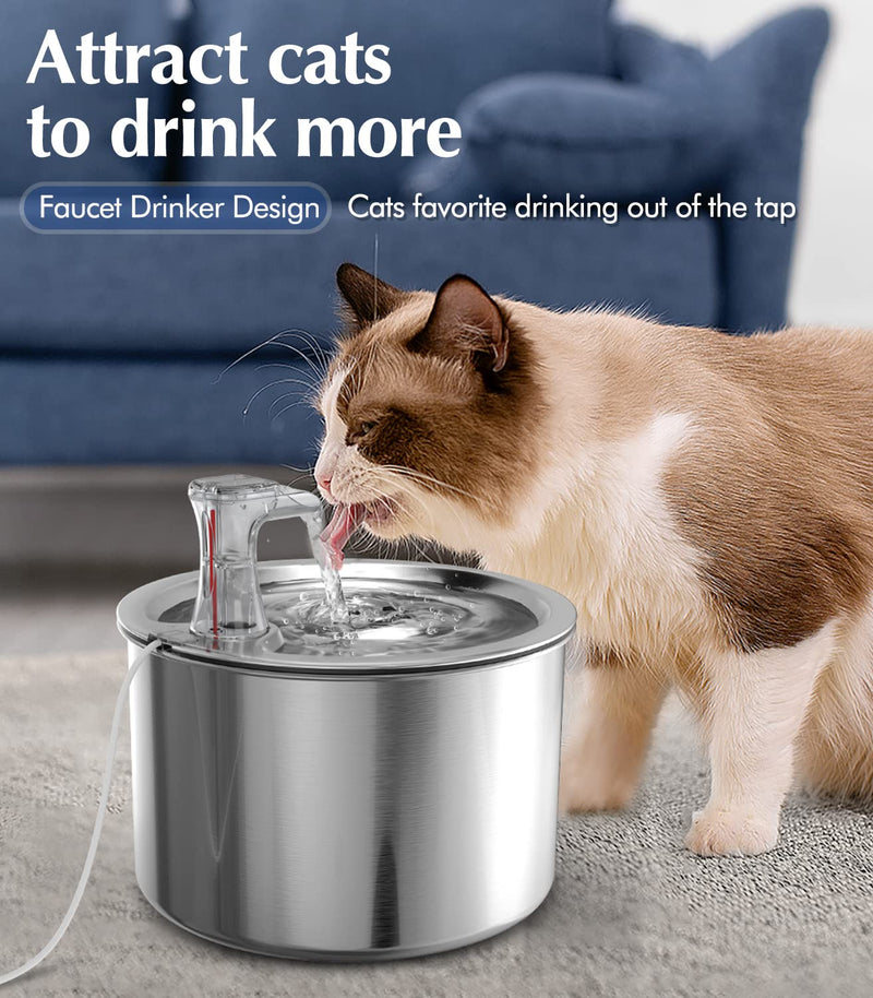 oneisall Cat Water Fountain Stainless Steel/Quiet Automatic Pet Water Fountain for Cats Inside 2L/67OZ Dog Drinking Fountain for Small/Big Cat Dog Animal (Sliver) - PawsPlanet Australia