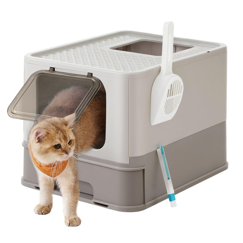 Feandrea Cat Litter Box with Lid, Extendable Tray, Scoop, Brush, Spacious for Cats up to 15kg, Less Traces, Leak-Proof Base, Oatmeal-Warm Gray PPT001G01 Oatmeal + Warm Grey - PawsPlanet Australia