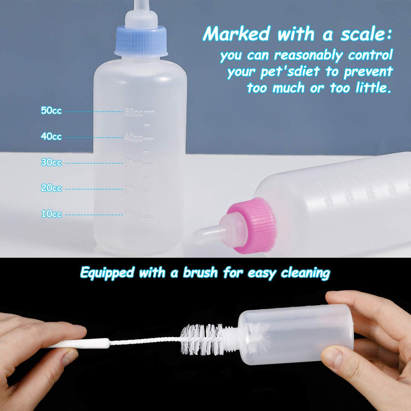 KroY PecoeD Pet Feeding Bottle Kit, Dog Cat Puppy Milk Feeding Bottle, With Replacement Nipples and Cleaning Brushes 50ml Pet Bottle Set, for Kitten Puppy Small Pet Feeding Tool - PawsPlanet Australia