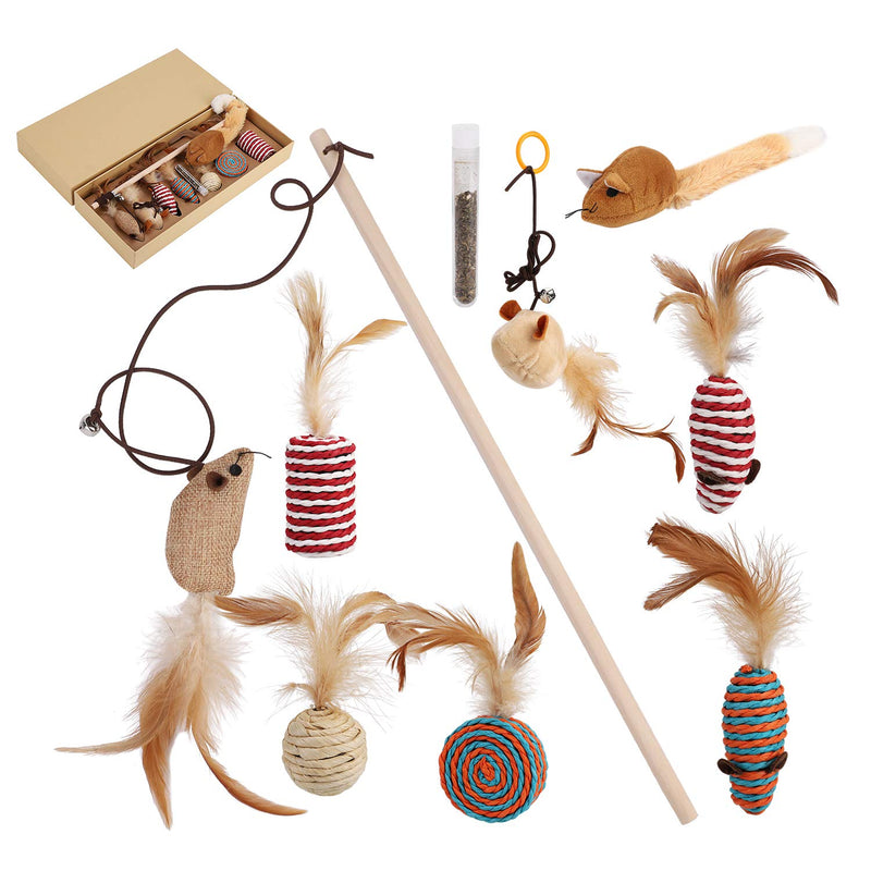 LONTG 10Pcs Cat Feather Toy Set Cat Feather Teaser Wand Toy Kittens Indoor Cats Toy Mouse Toy Ball Assorted Interactive Toys With Refills Bell Catnip Cat Toys Box Gift - PawsPlanet Australia