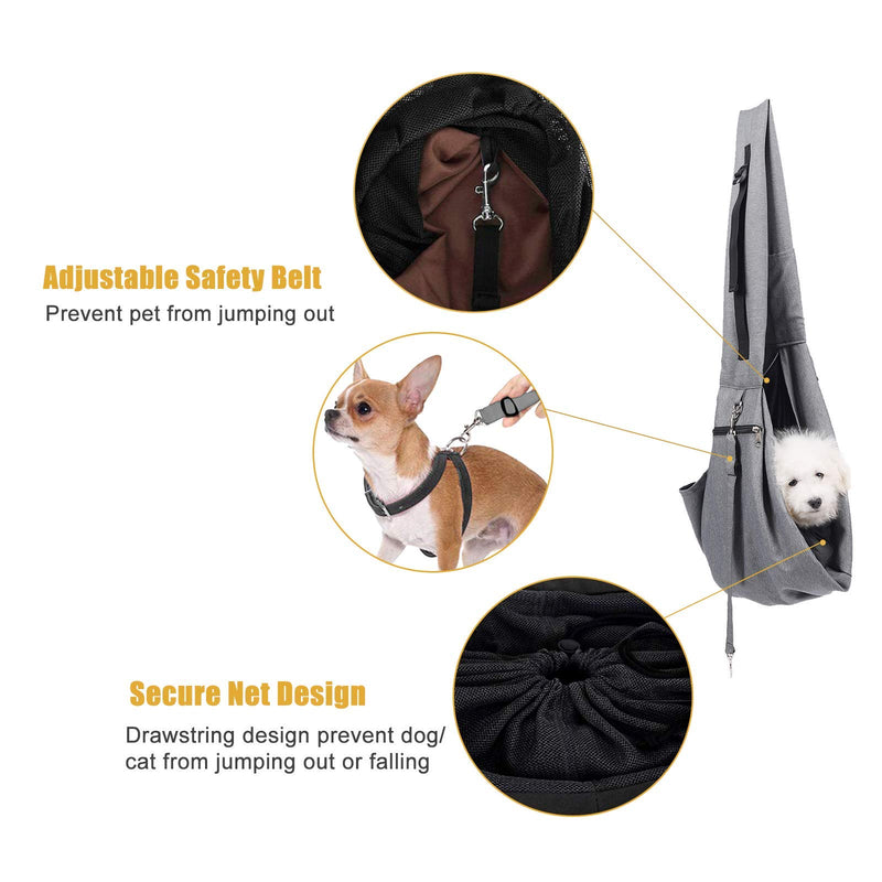 OKPOW Pet Sling Carrier for Small Medium Dogs, Comfortable Dog Sling Breathable Pouch Hand Free Puppy Cat Carrier Bag with Drawstring Safety Belt Adjustable Padded Shoulder Strap Zipper Pockets - PawsPlanet Australia