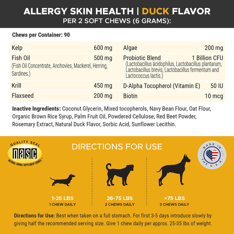 PetHonesty Allergy SkinHealth - Fish Oil for Dogs with Omegas, DHAGold, Flaxseed, Probiotics for Itch-Free Skin, Shiny Coats, Helps Reduce Shedding - Soft Chews for Healthy Skin & Coat Duck - PawsPlanet Australia