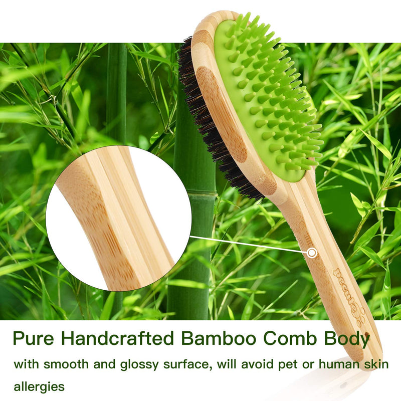pecute Double Sided Pet Massage Bath Brush - 2 in 1 Silicone Needle and Natural Bristle Bamboo Comb - Removes Loose Fur & Dirt - Great for Cats Dogs Short to Long Fur Massaging Bathing - PawsPlanet Australia
