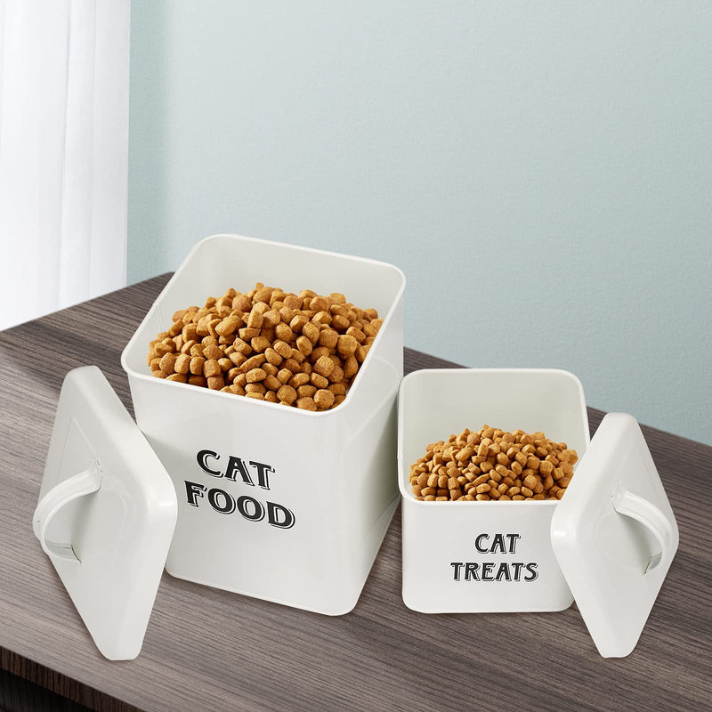 Pethiy cat Food and Treats Containers Set with Scoop for cats-Vintage White Powder-Coated Carbon Steel - Tight Fitting Lids - Storage Canister Tins Small-White - PawsPlanet Australia