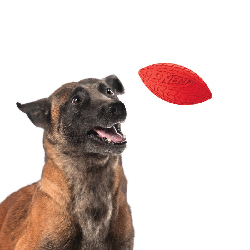 [Australia] - Nerf Dog Tire Football Dog Toy with Interactive Squeaker, Lightweight, Durable and Water Resistant, for Medium/Large Breeds Red Large - 6 inch 