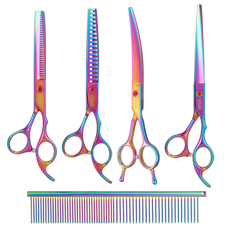 [Australia] - Dog Grooming Scissors Set-Japanese 440C Stainless Steel Pet Grooming Kit,7.5 Inch Thinning,Chunker,Straight,Curved Shears with Grooming Comb,Best Pet Grooming Shears for dog cat and more pets Multi-colored 