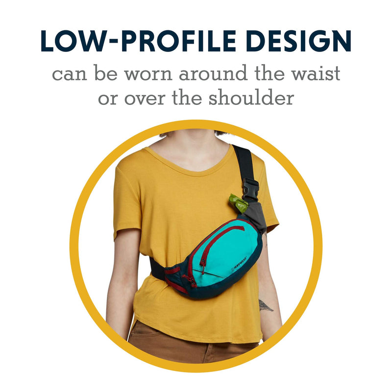 RUFFWEAR, Home Trail Hip Pack, stow-and-go bag to carry essentials, two zippered compartments and an adjustable belt for wearing on the hip or crossbody, Aurora Teal - PawsPlanet Australia