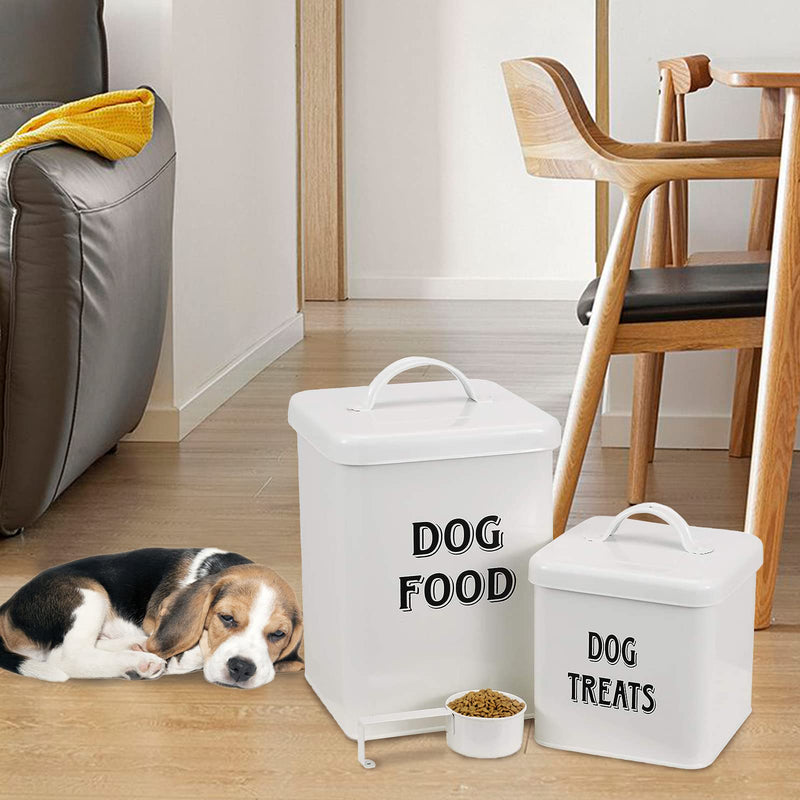 Pethiy Dog Food and Treats Containers Set with Scoop for Dogs-Vintage White Powder-Coated Carbon Steel - Tight Fitting Lids - Storage Canister Tins Small-White - PawsPlanet Australia