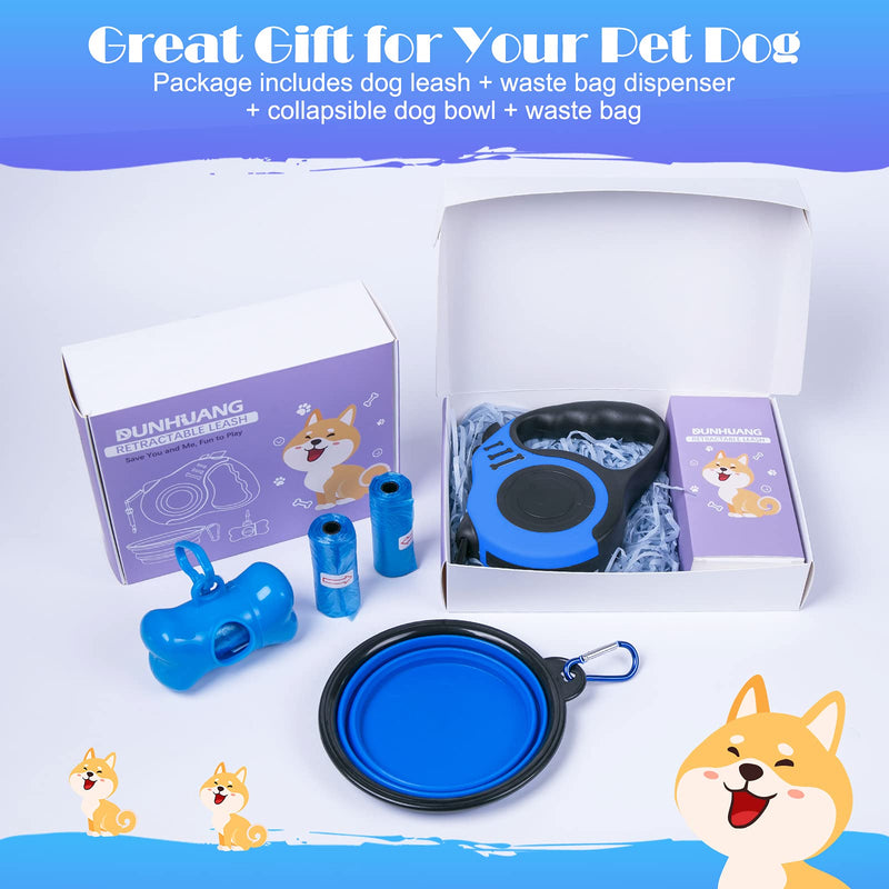 Dunhuang Retractable Dog Leash for X-Small/Small/Medium Dogs up to 22 lbs, 10 FT 360° Tangle Free Pet Walking Leash with 1 Collapsible Silicone Dog Bowl + 1 Waste Bag Dispenser + 3 Waste Bag Blue 10ft (for Dogs Up to 22lbs) - PawsPlanet Australia