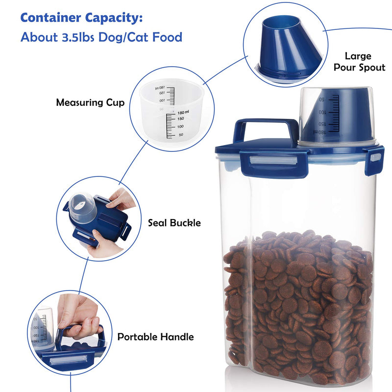 Kytely Upgraded Small Dog Food Storage Container, Airtight Cat Dry Food Container with Measuring Cup, Pet Food Container 4 Seal Buckles Food Dispenser for Regular Food, Dogs, Cats, Birds Blue - PawsPlanet Australia