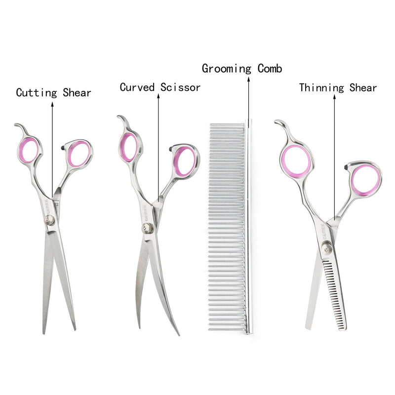 GEMEK Pet Grooming Scissors Set 4 Pieces Stainless Steel Pet Trimmer Kit Used for Dog Cat and More Pets - With 7.5-inch Cutting Scissors, Thinning Shear, Curved Scissors, Grooming Comb 4 Scissors Set - PawsPlanet Australia