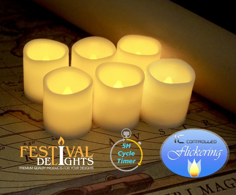 Timer Flameless Candles by Festival Delights - Premium IC-Controlled Soft Flickering Votive Battery Operated Candles, 150 Hours of Lighting, 5H Timer, Battery Included, Dia. 1.5"x1.75"H - PawsPlanet Australia