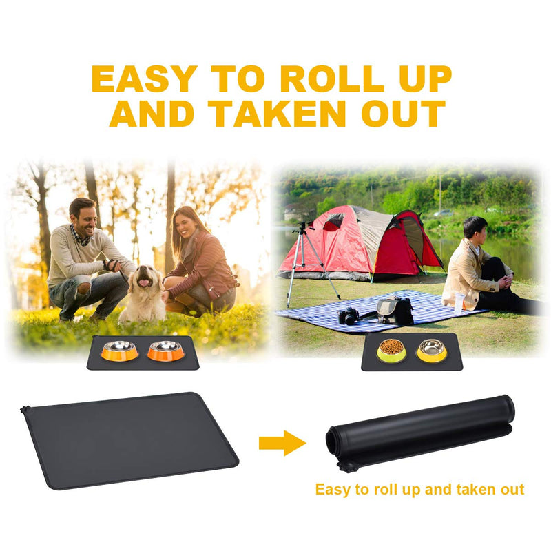 YUDISEN Dog and Cat Silicone Food Mat, 19''x12'' Waterproof Pet Placemat and Non Slip Silicone Pet Feeding Mat for Food and Water Bowls, Feeding Tray To Keep Your Floor Clean (Black) Black - PawsPlanet Australia