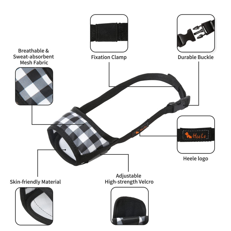 HEELE Dog Muzzle,Soft Nylon Print Muzzle Air Mesh Breathable Adjustable Loop Pattern Pets Muzzles for Small Medium Large Dogs,Stop Biting Barking and Chewing XS Black White Plaid - PawsPlanet Australia